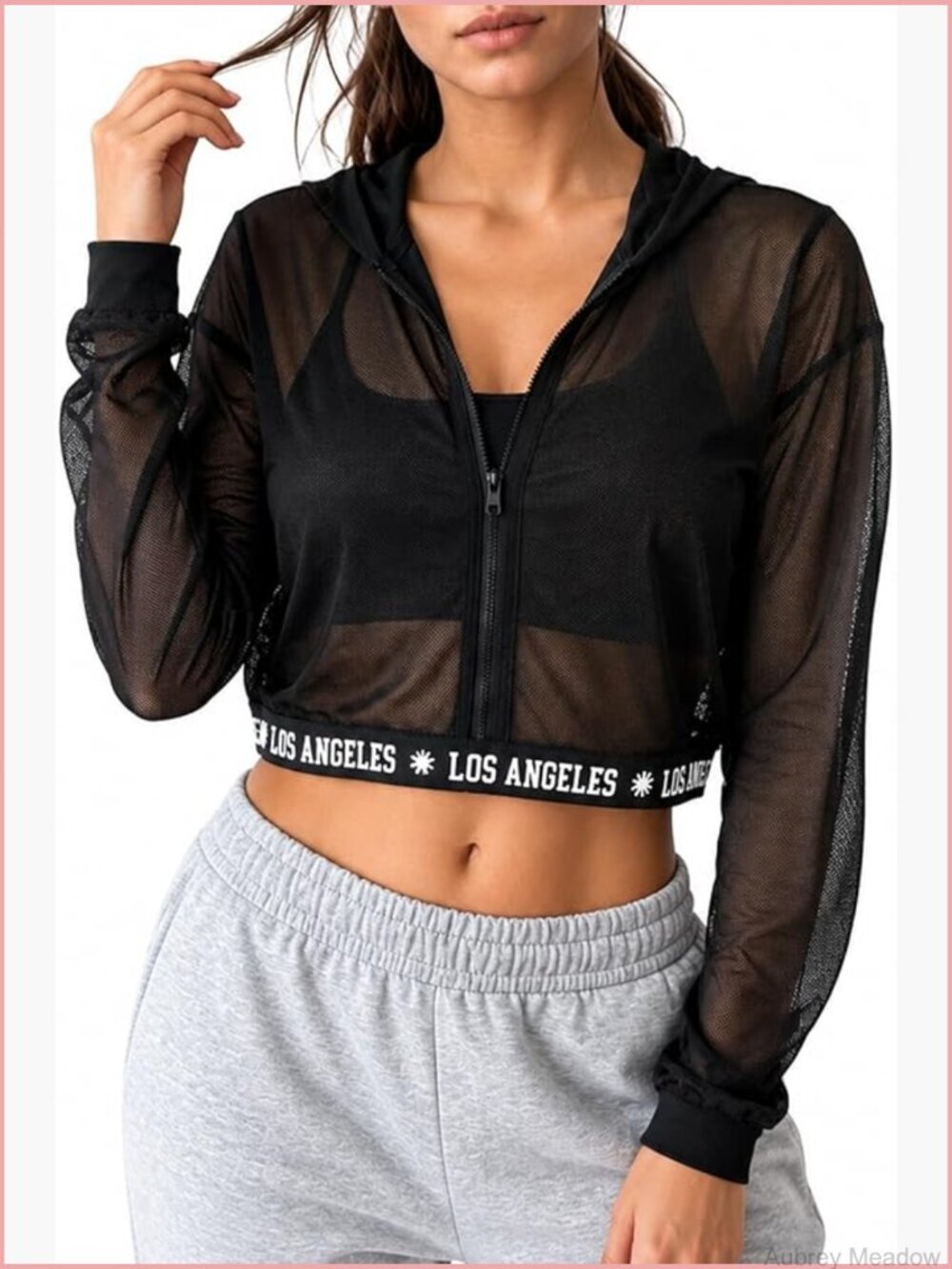 Sheer Mesh Cropped Hooded Zip Up Jacket Long Sleeve Cardigan
